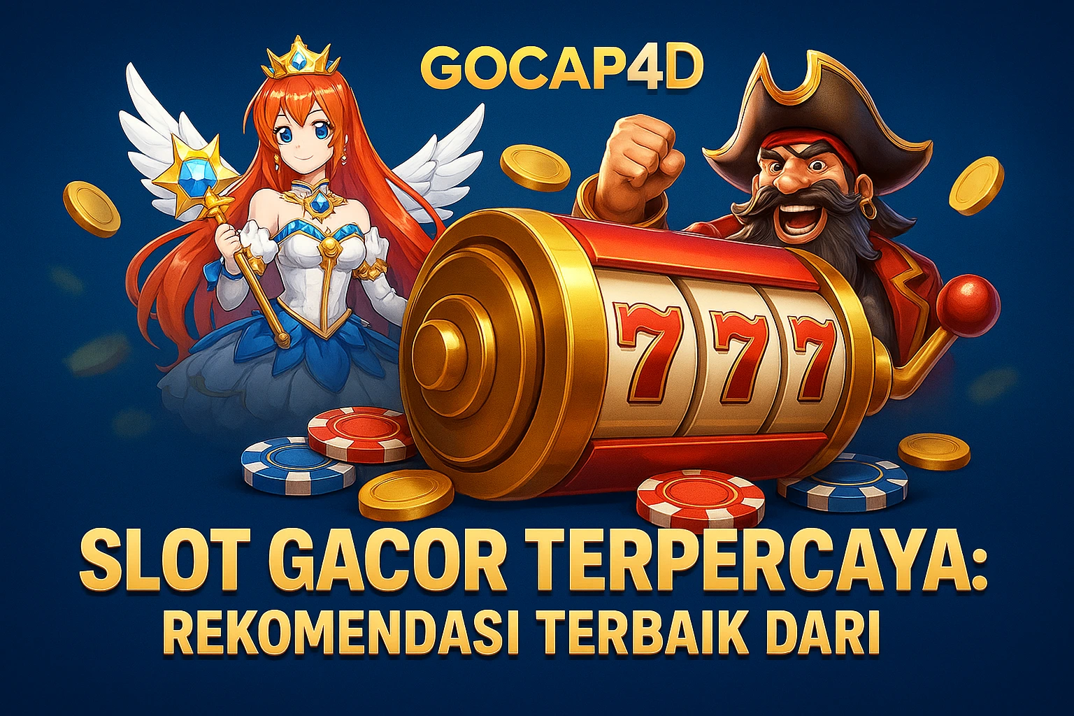Ilustrasi slot gacor terpercaya GOCAP4D dengan mesin jackpot 777, karakter Starlight Princess dan bajak laut di latar 3D modern.